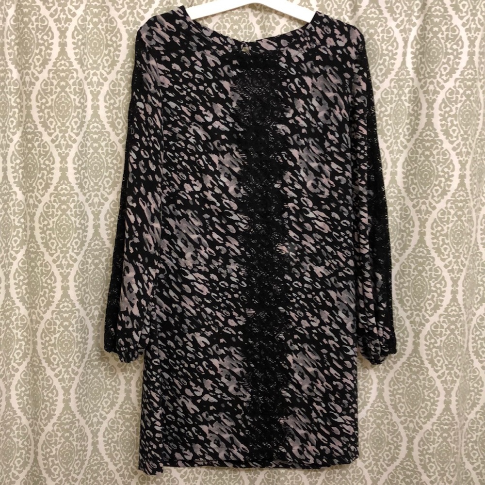 Lace and leopard print long sleeve mini dress